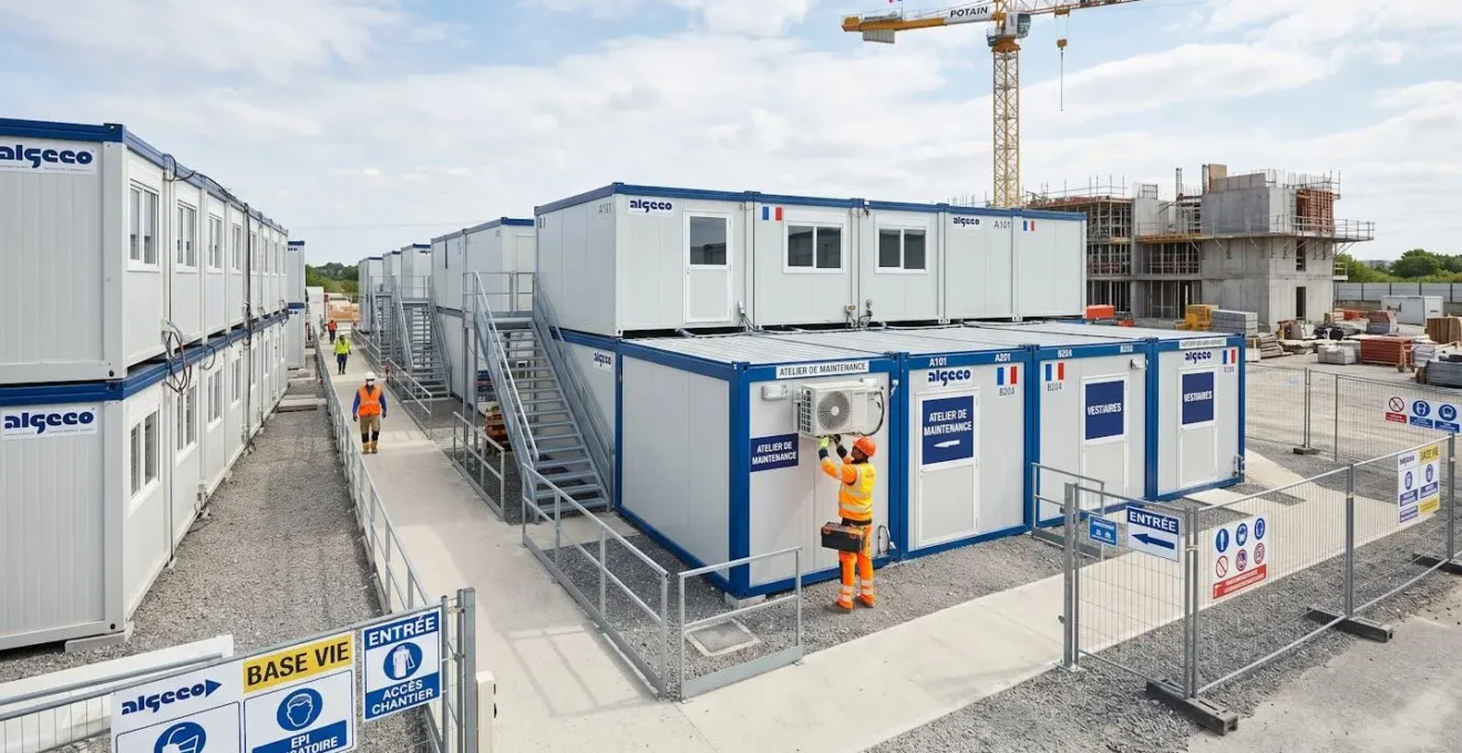 Chantier de construction français avec modules préfabriqués blancs et bleus installés, technicien en gilet haute visibilité effectuant une intervention de maintenance
