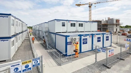 Chantier de construction français avec modules préfabriqués blancs et bleus installés, technicien en gilet haute visibilité effectuant une intervention de maintenance