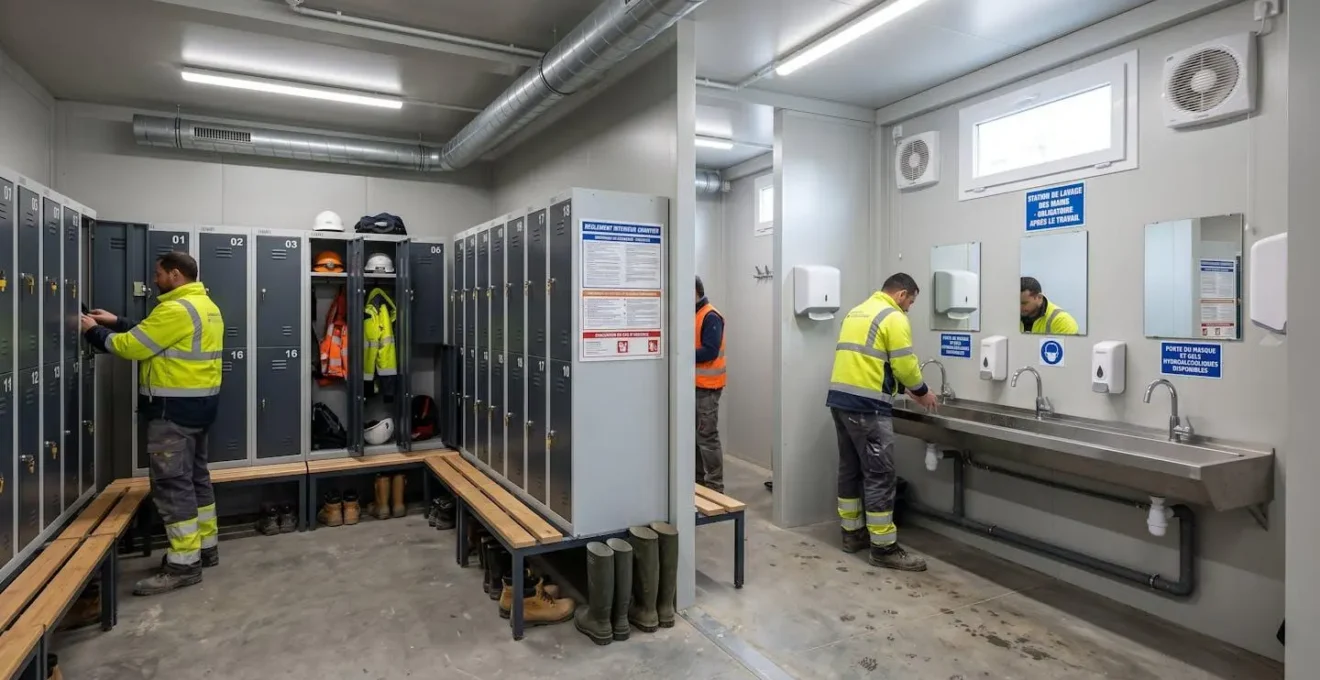 Intérieur d'un module vestiaire-sanitaire préfabriqué avec casiers, bancs et lavabos, éclairage artificiel, panneaux d'affichage en français