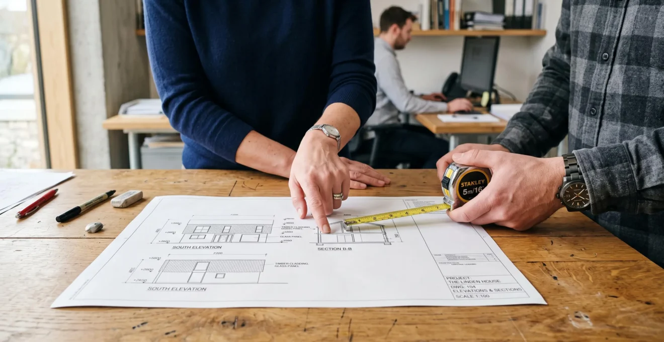 Un architecte montre un plan de surélévation à un ingénieur sur un bureau.
