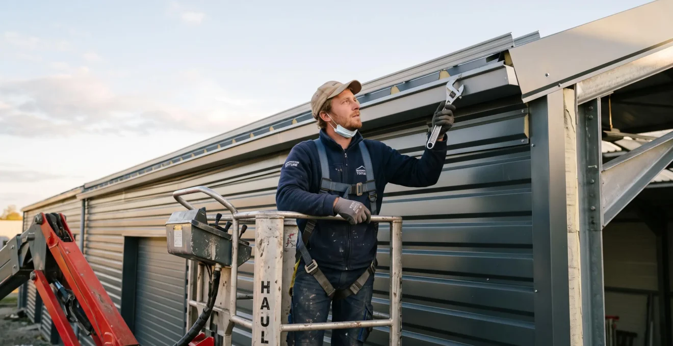 Un couvreur sur une nacelle contrôle l'alignement des derniers panneaux de toiture d'un hangar rénové.