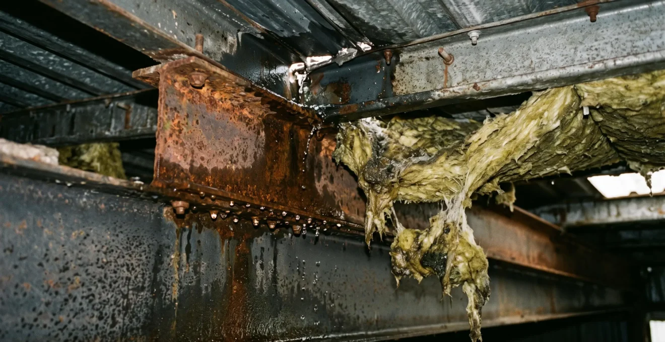 Joint de couverture défectueux avec infiltration d'eau et isolant humide sous une toiture métallique.