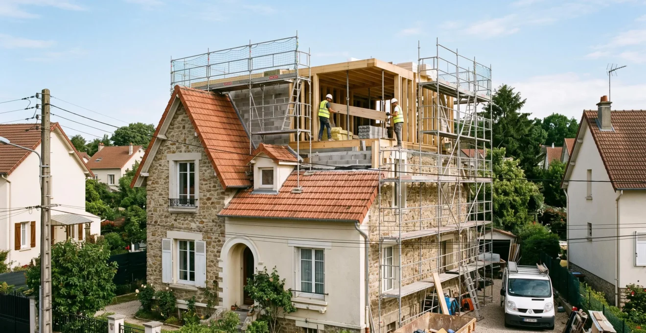 Une maison avec une surélévation en cours et des ouvriers sur l'étage ajouté.