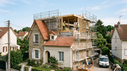 Une maison avec une surélévation en cours et des ouvriers sur l'étage ajouté.